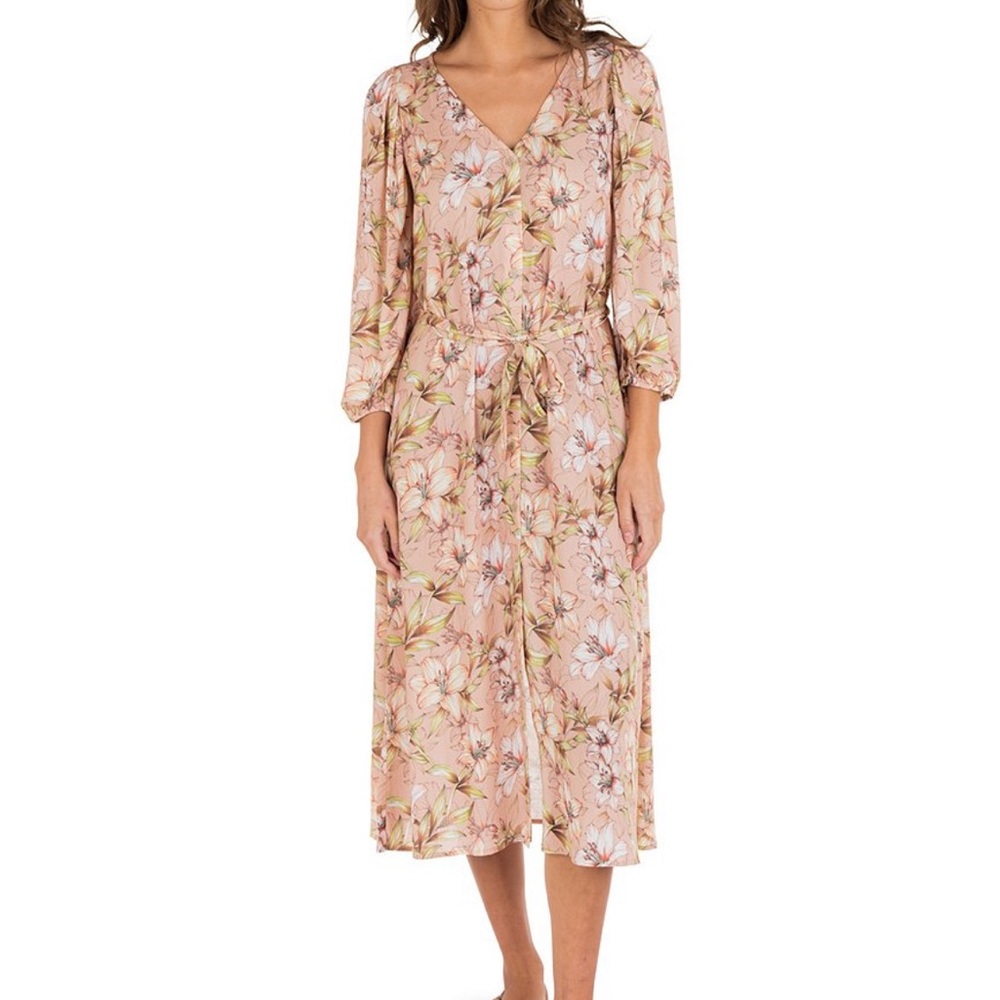 Hurley Floral 3/4 Sleeve Tie Midi Dress XS NWT